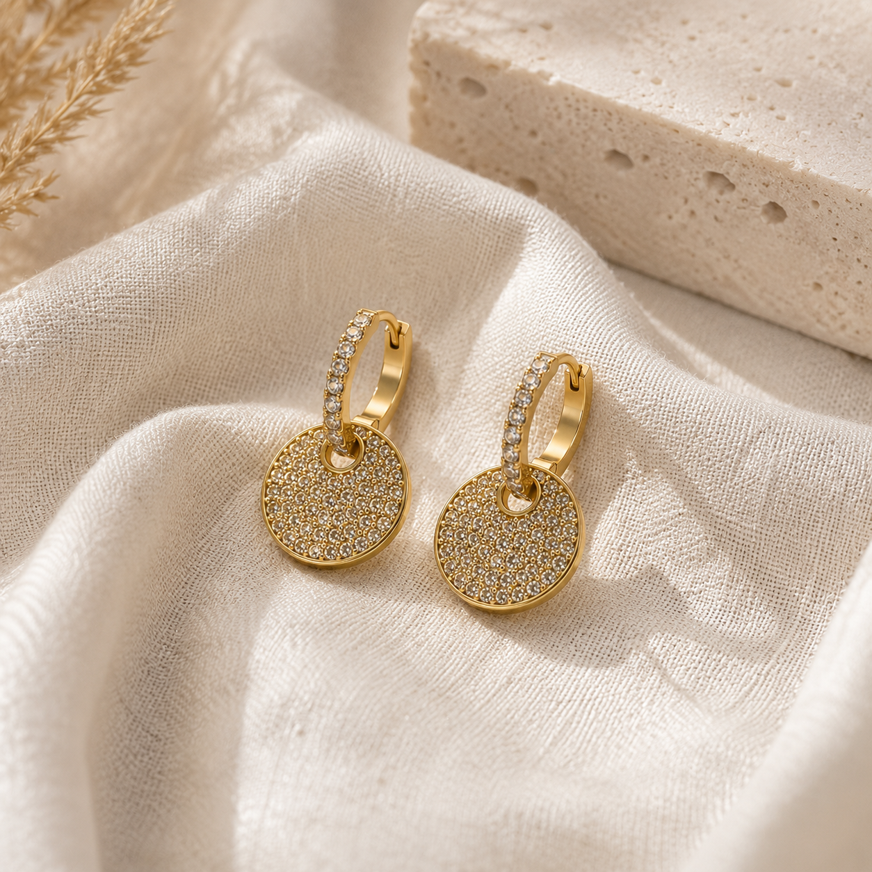 Gold Pavé Disc Huggie Earrings