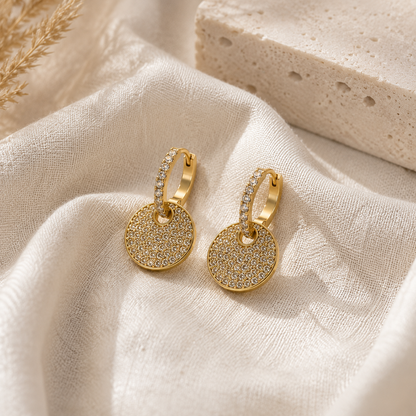Gold Pavé Disc Huggie Earrings