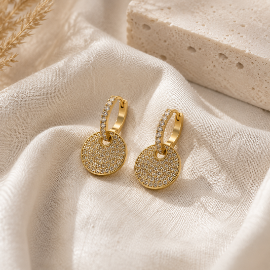 Gold Pavé Disc Huggie Earrings