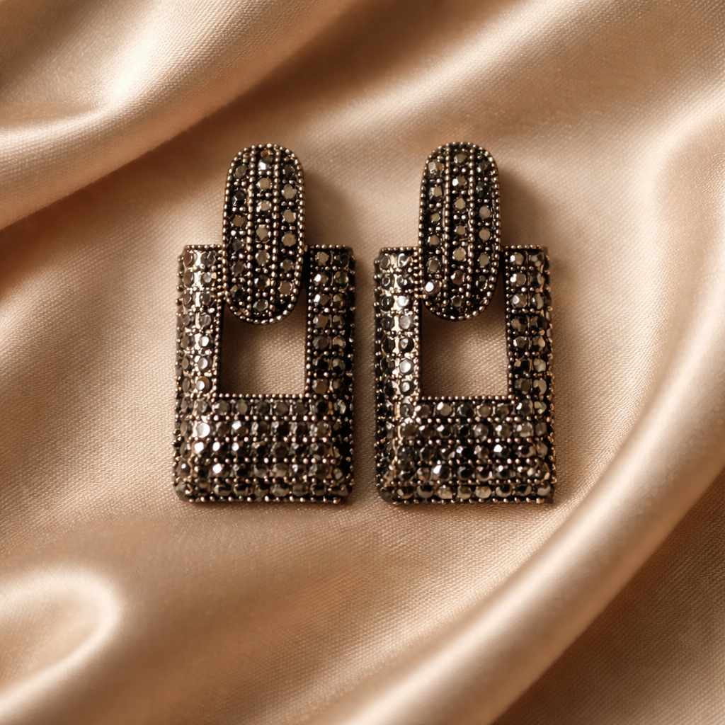 Oxidized Crystal Geometric Square Drop Earrings