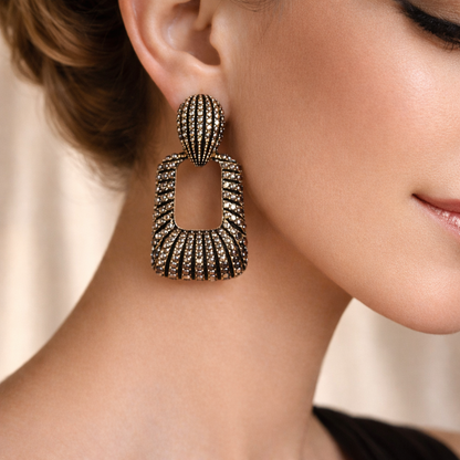 Oxidized Black Crystal Hollow Rectangle Drop Earrings