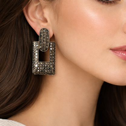 Oxidized Crystal Geometric Square Drop Earrings