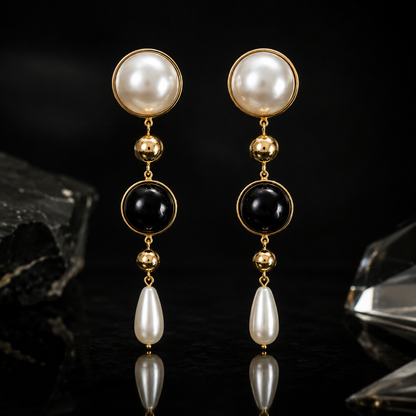 Pearl & Black Stone Drop Earrings