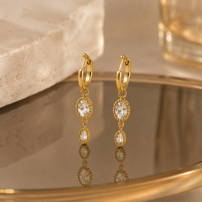 Gold Oval Crystal Drop Huggie Earrings