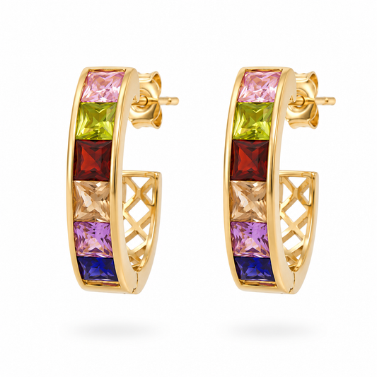 Gold Rainbow Crystal Hoop Earrings