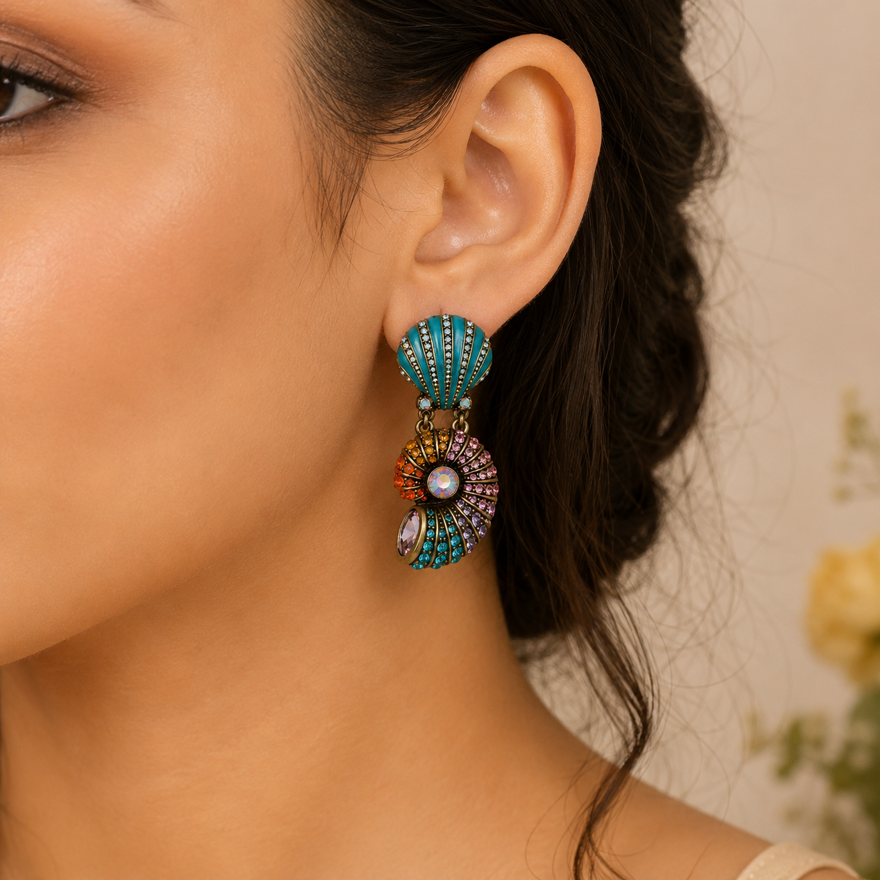 Ocean Crystal Seashell Drop Earrings