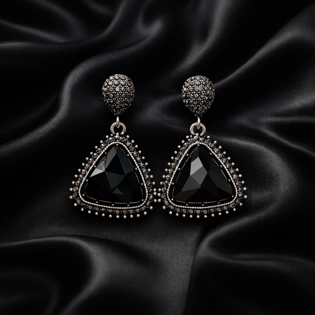Black Crystal Triangle Drop Earrings