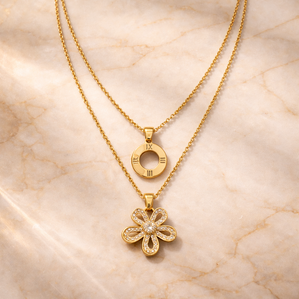 Gold Layered Roman Numeral & Flower Pendant Necklace