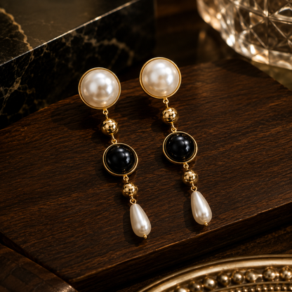 Pearl & Black Stone Drop Earrings