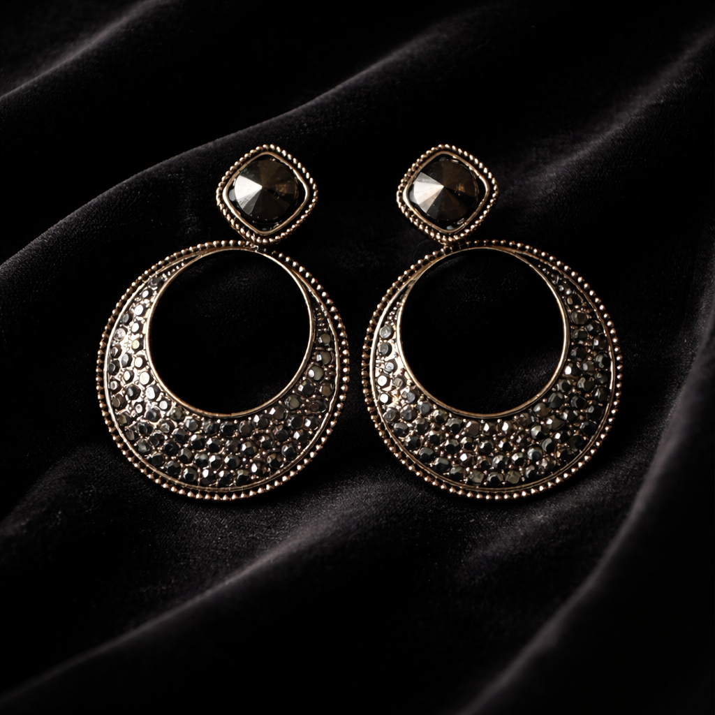 Oxidized Black Crystal Circle Drop Earrings