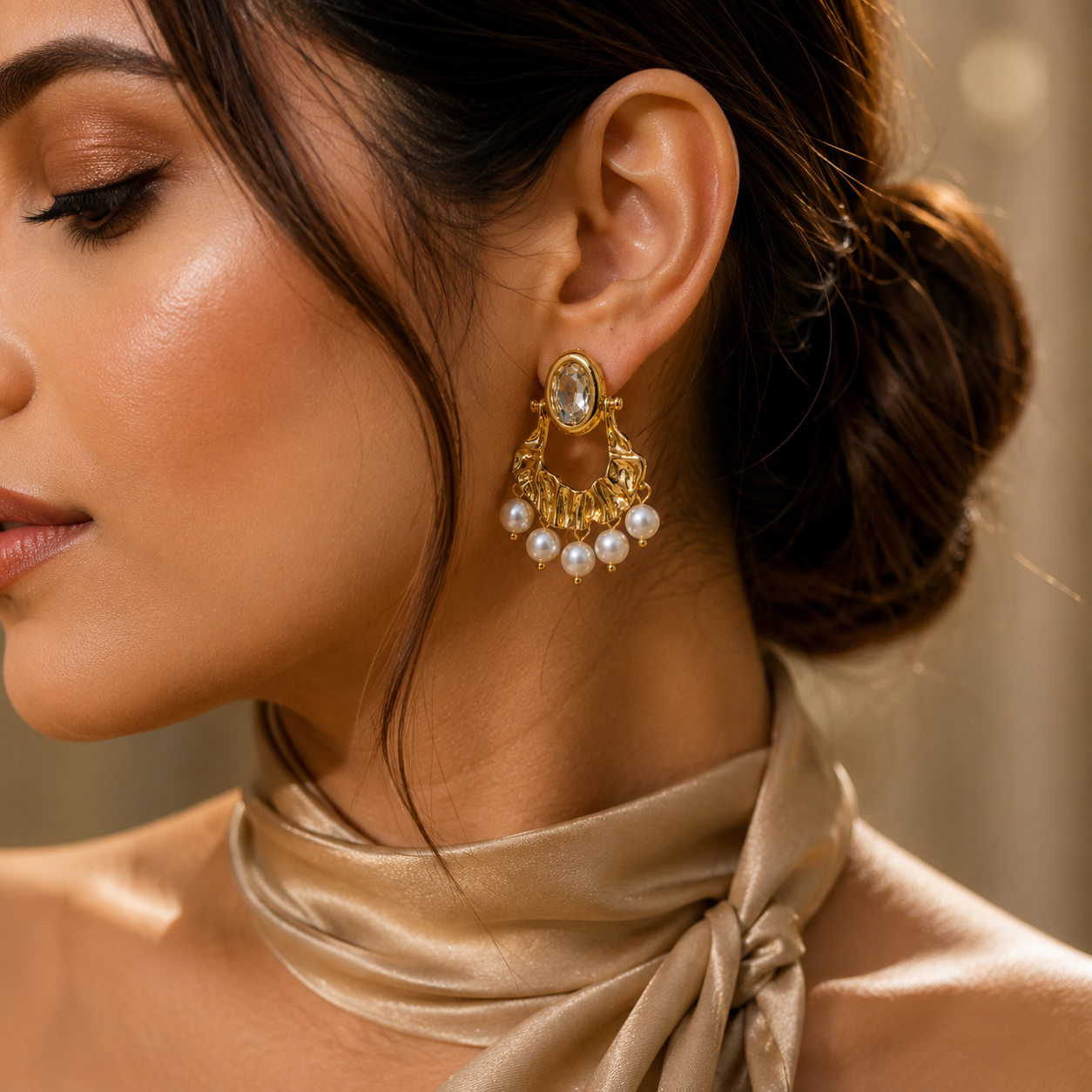 Gold Pearl Drop Statement Earrings