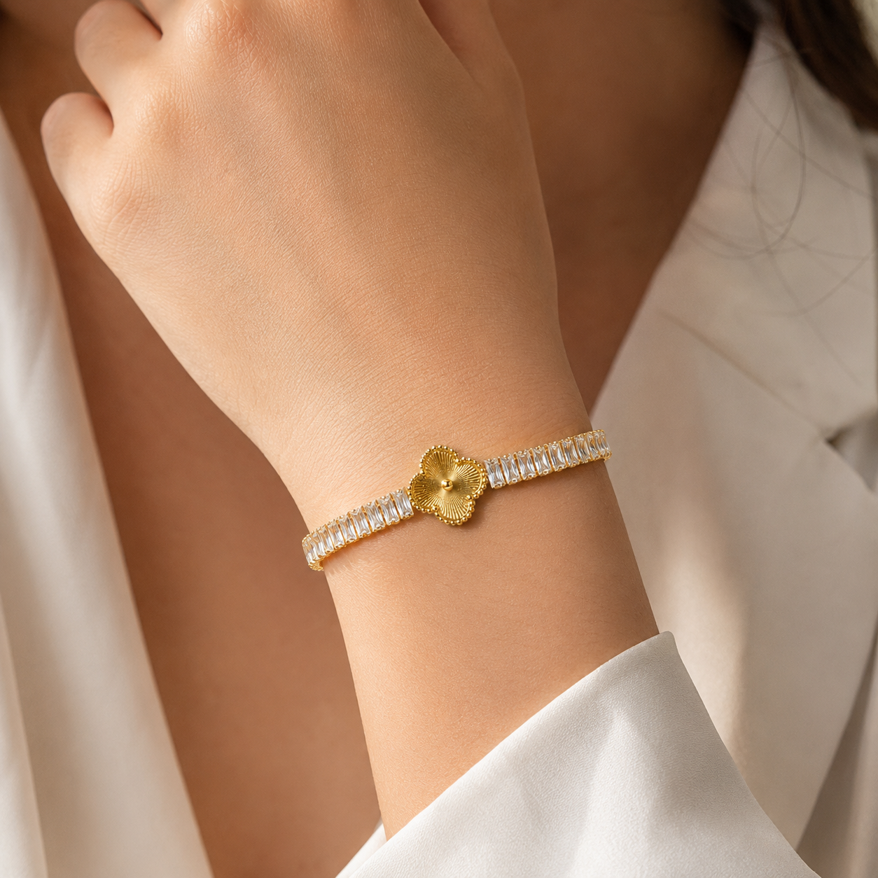 Golden Clover Crystal Tennis Bracelet