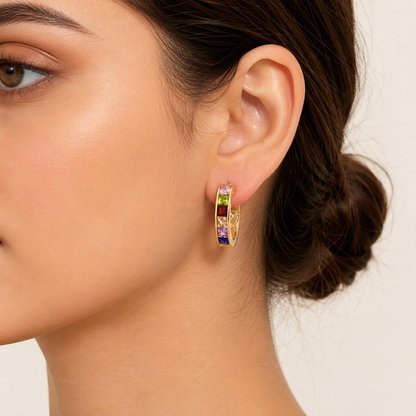 Gold Rainbow Crystal Hoop Earrings
