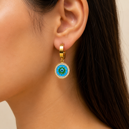 Gold Evil Eye Charm Huggie Earrings