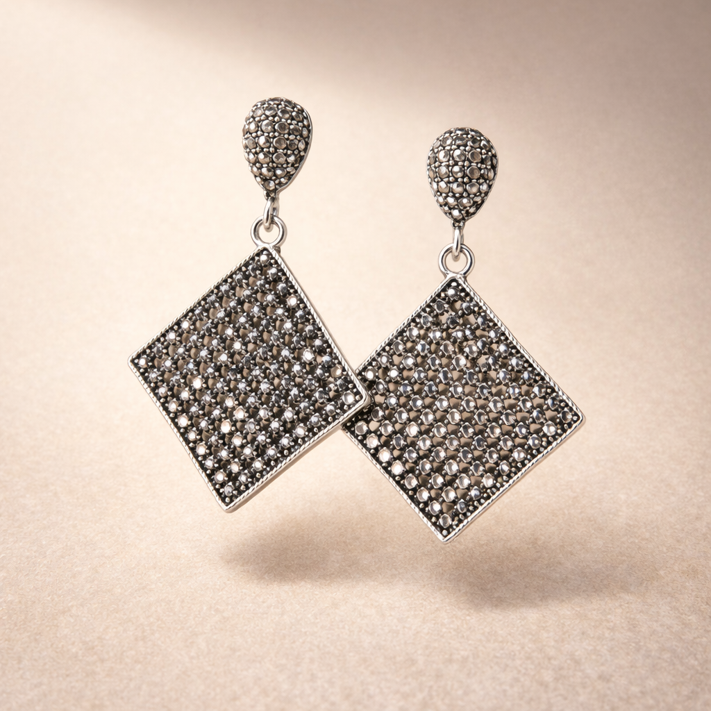 Vintage Marcasite Diamond Shape Drop Earrings