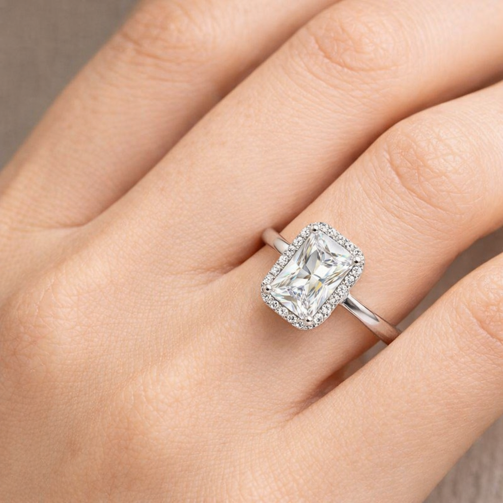 Radiant Cut Halo Crystal Ring