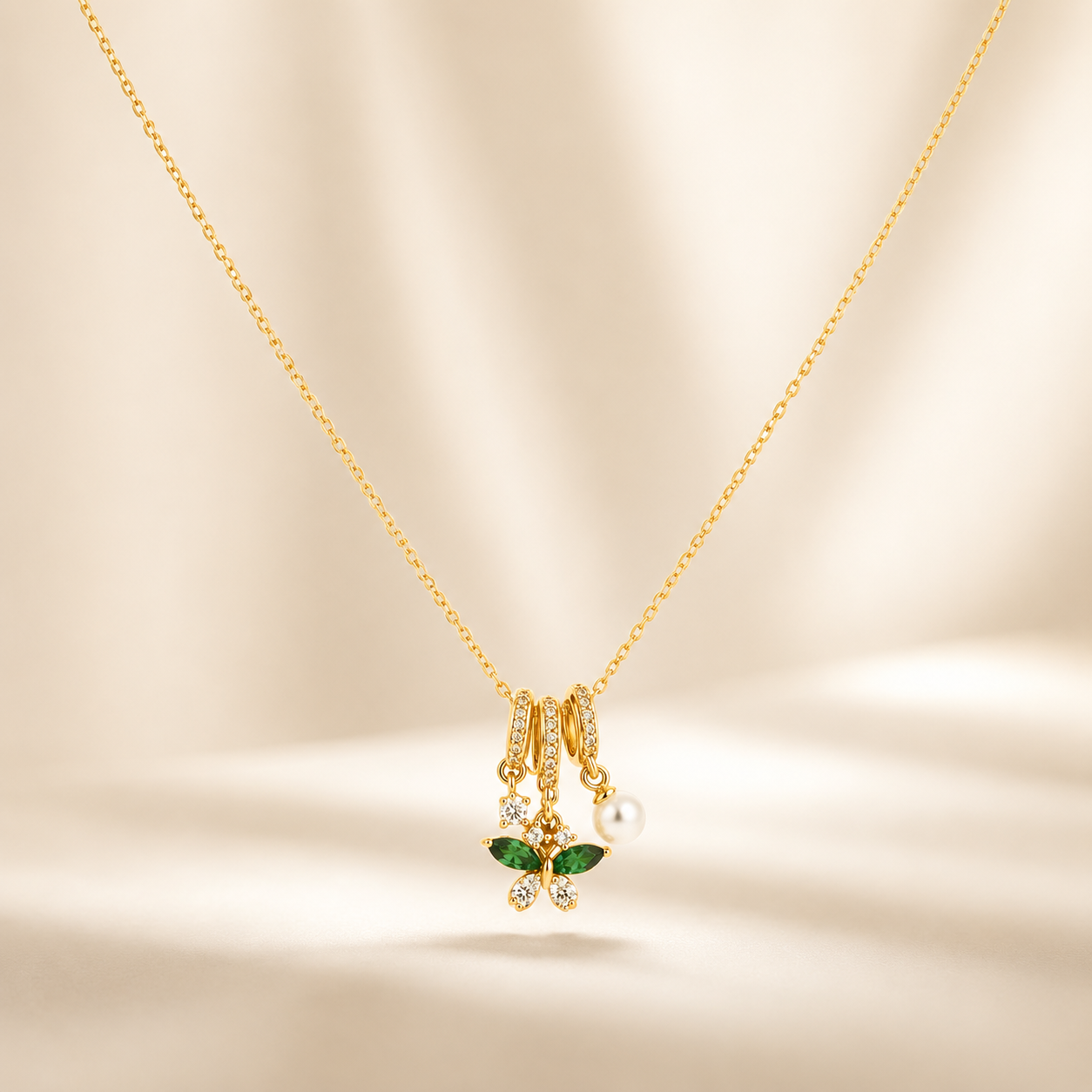 Gold Green Butterfly Charm Necklace