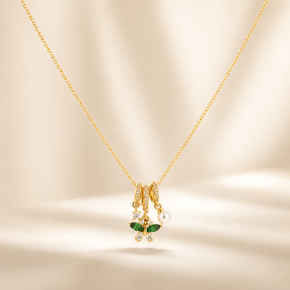Gold Green Butterfly Charm Necklace
