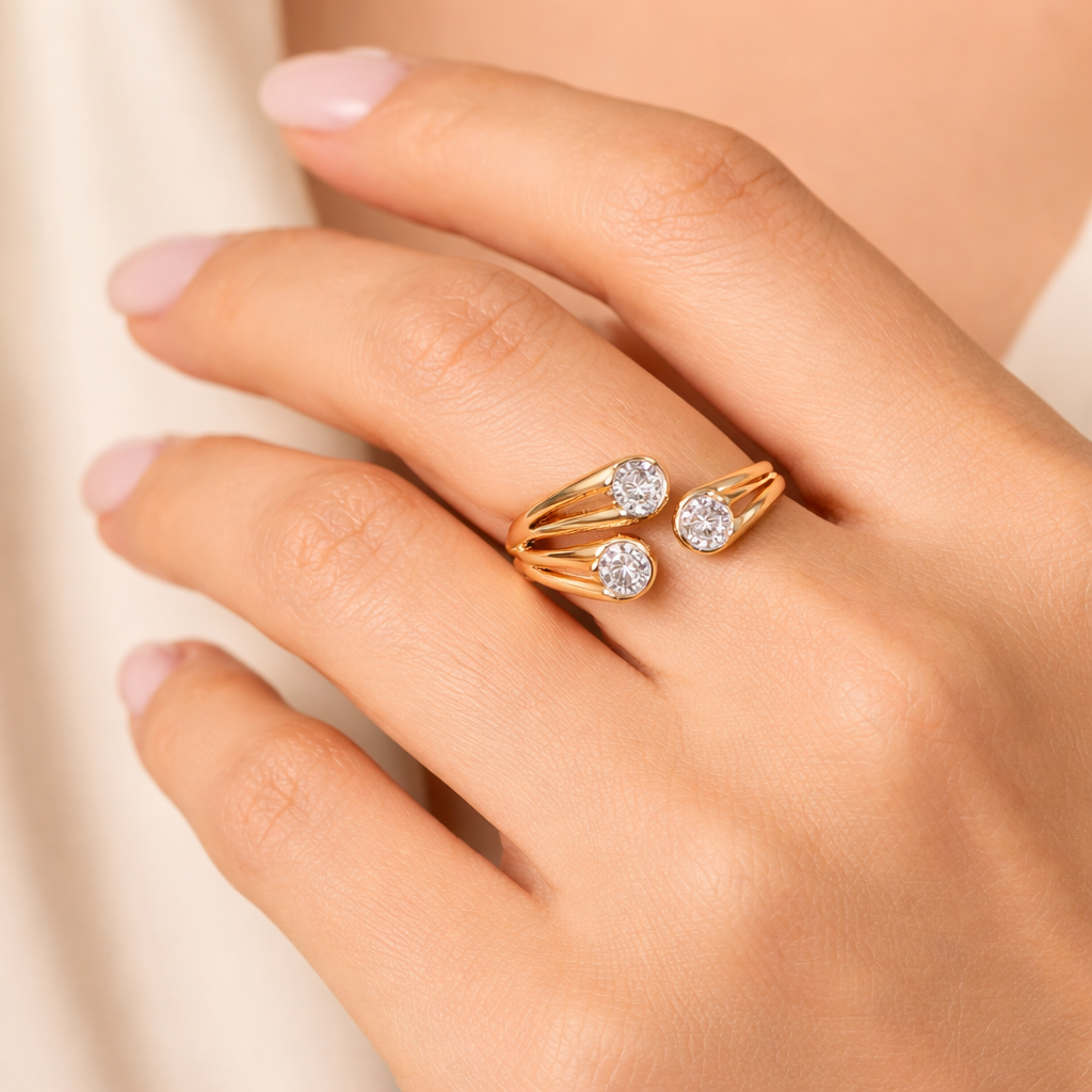 Gold Triple Crystal Open Wrap Ring