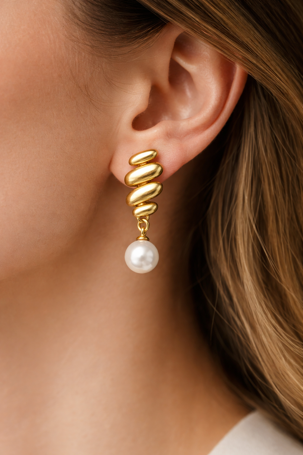 Gold Wing Pearl Drop Stud Earrings