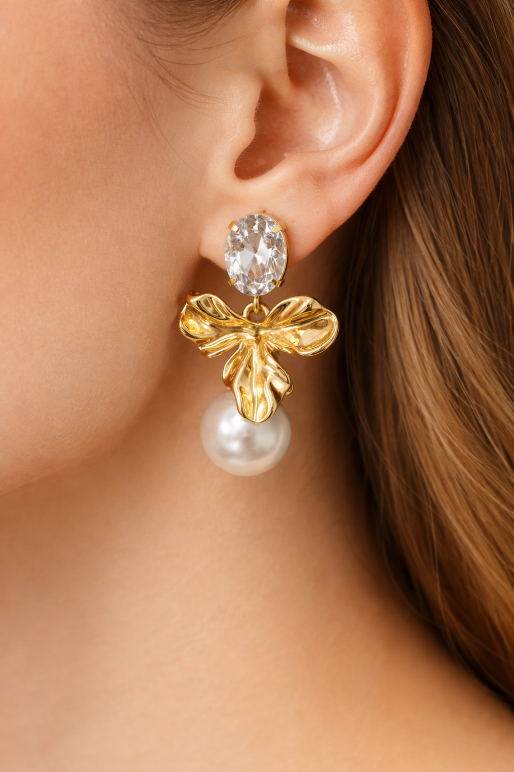 Gold Pearl Drop Stud Earrings