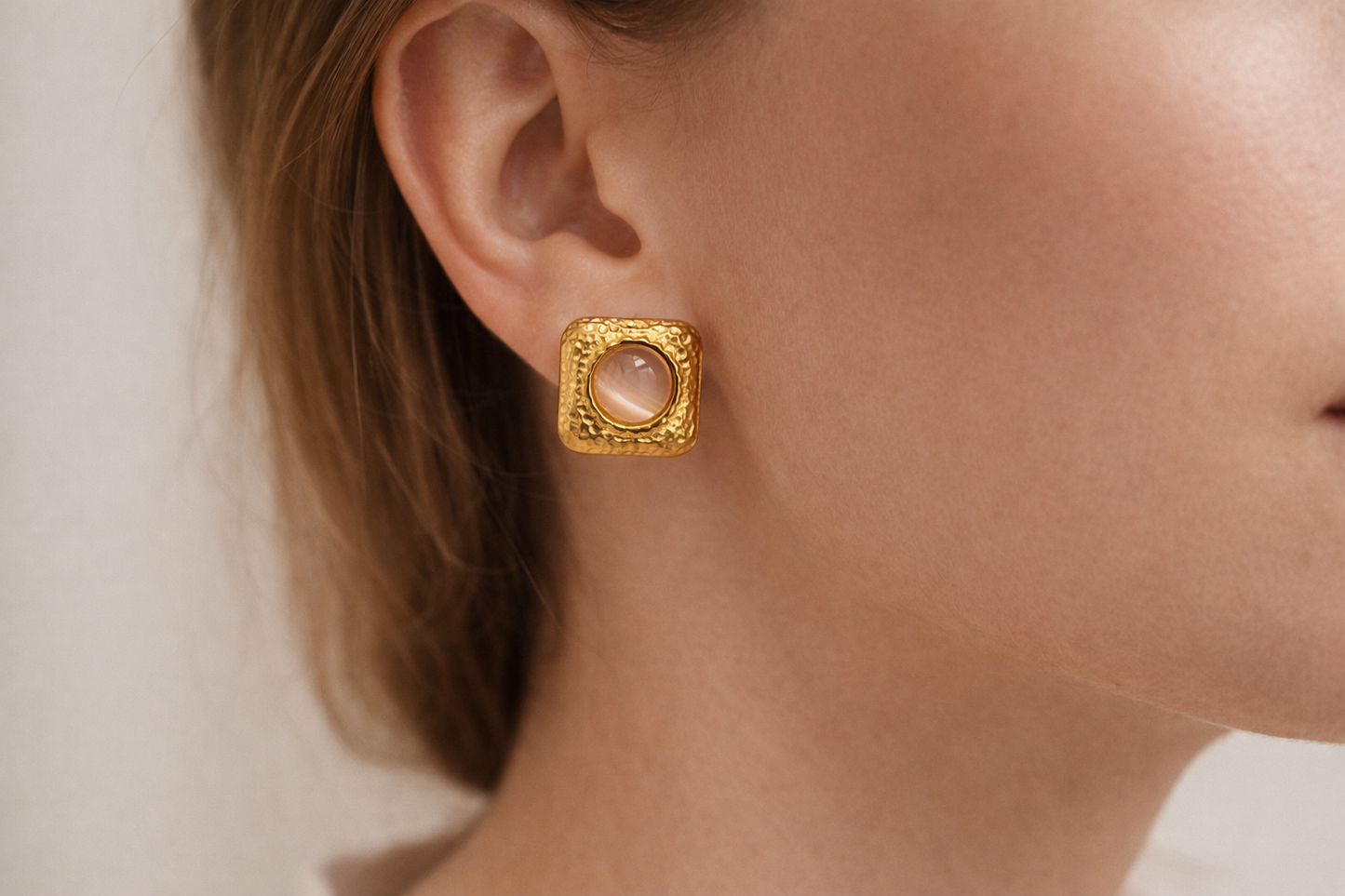 Gold Square Stone Statement Stud Earrings